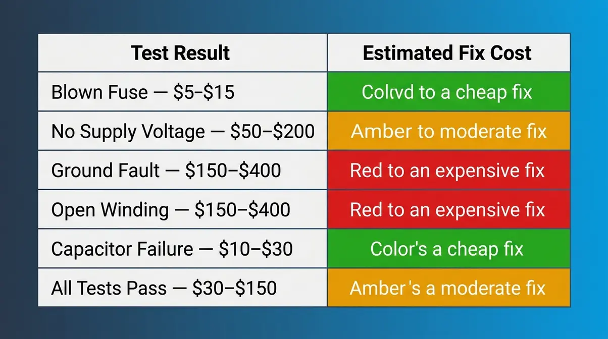 How to Test a Hot Tub Pump with a Multimeter (5 Steps) 10 Hot tub pump repair or replace verdict table showing test results and estimated fix costs