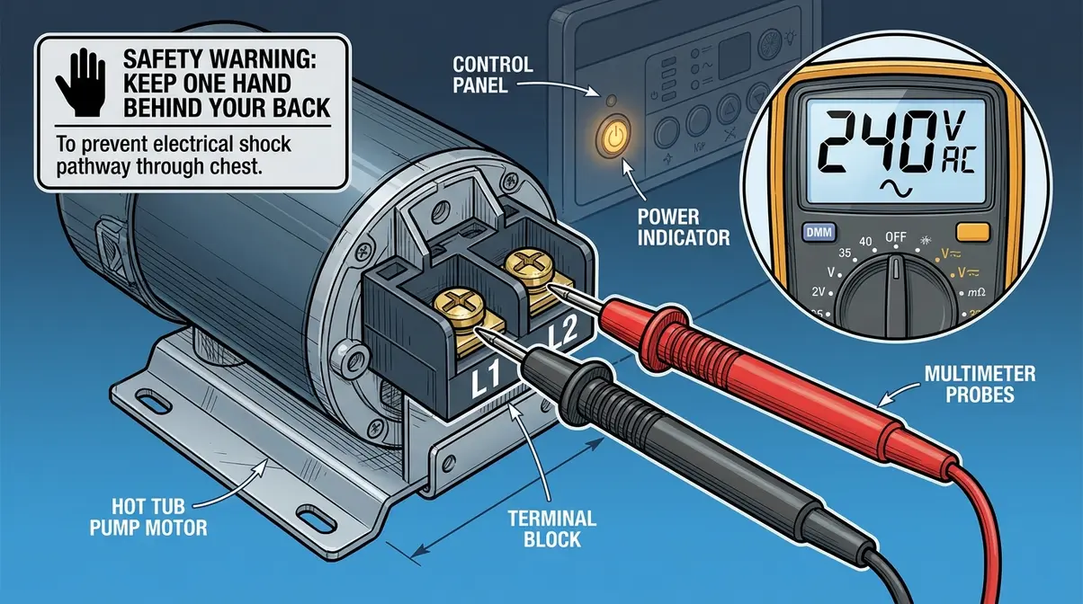 How to Test a Hot Tub Pump with a Multimeter (5 Steps) 6 Testing hot tub pump voltage at motor terminal block with multimeter probes on L1 and L2
