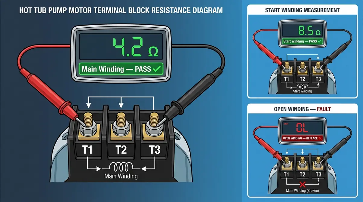 How to Test a Hot Tub Pump with a Multimeter (5 Steps) 8 Winding continuity test probe placement on hot tub pump motor terminals T1 T2 and T3