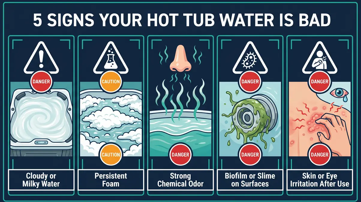 Five visual signs of bad hot tub water including cloudiness foam and odor illustrated grid