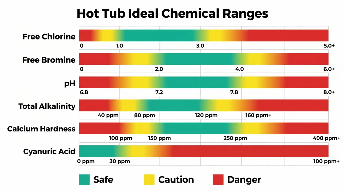 Hot tub water chemistry ideal ranges chart showing safe zones for chlorine pH alkalinity and hardness