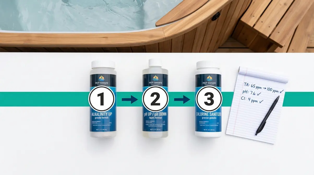 Hot tub chemical adjustment sequence showing alkalinity first then pH then sanitizer in correct order