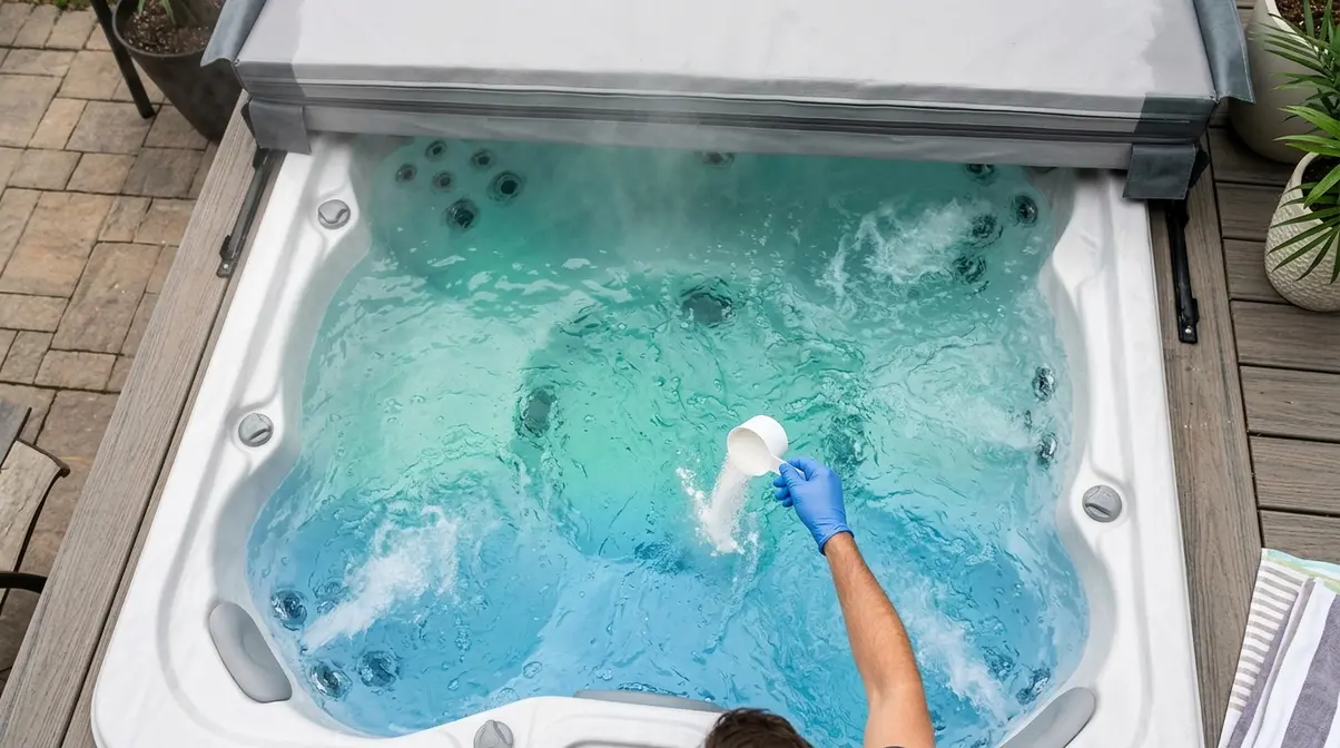 Adding shock treatment to a hot tub with jets running and cover removed to sanitize bacteria-contaminated water