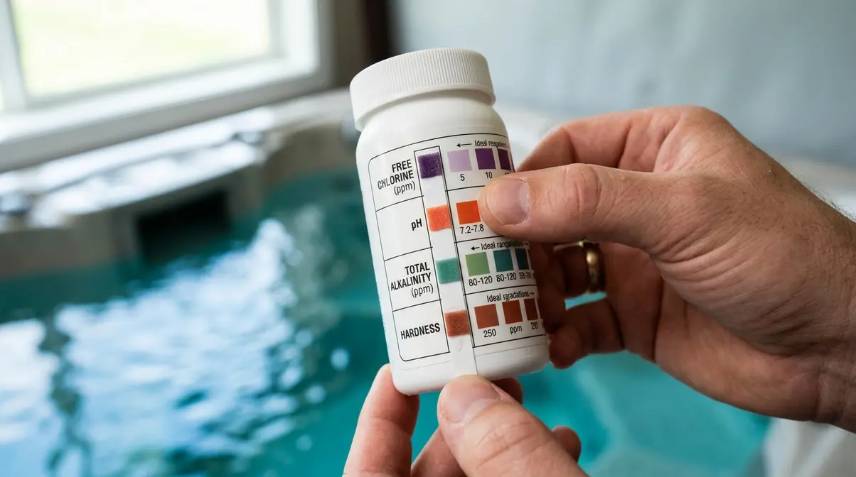 Holding a hot tub test strip directly against the color chart bottle in natural daylight for accurate reading