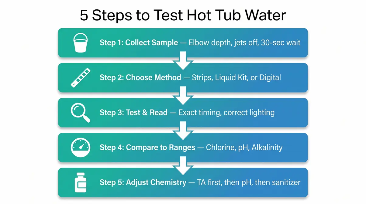 How to test hot tub water five-step process infographic showing sample collection through chemistry adjustment