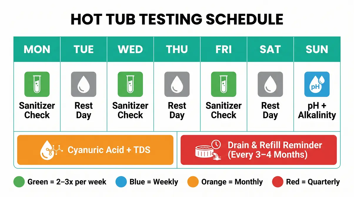 Hot tub water testing schedule weekly and monthly maintenance calendar with color-coded task icons