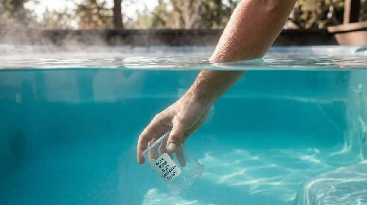 Person collecting hot tub water sample at elbow depth with a clean plastic cup for accurate testing