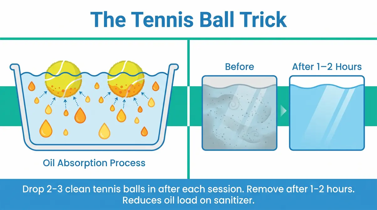 Tennis ball trick illustration showing how felt absorbs body oils from hot tub water to reduce sanitizer load