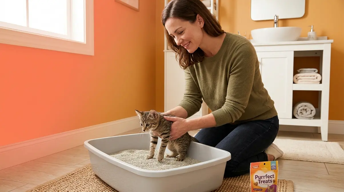 Person gently placing a cat into an open litter box for the first introduction during training
