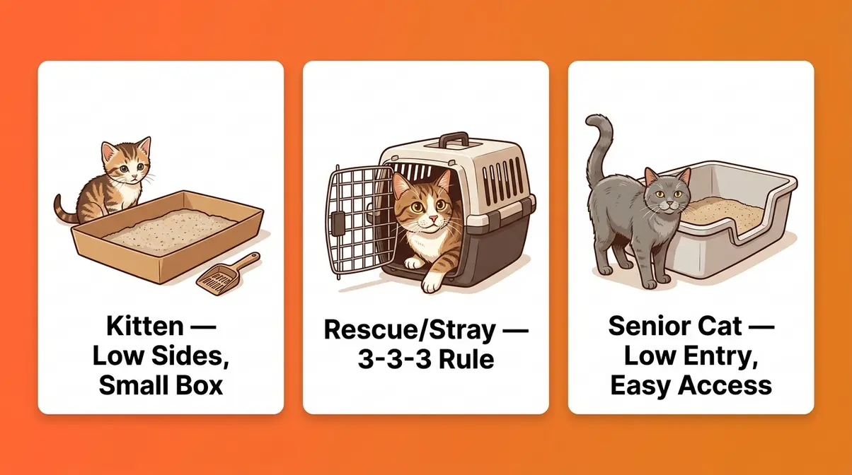Three cat types shown with their specific litter box setups — kitten, rescue cat, and senior cat