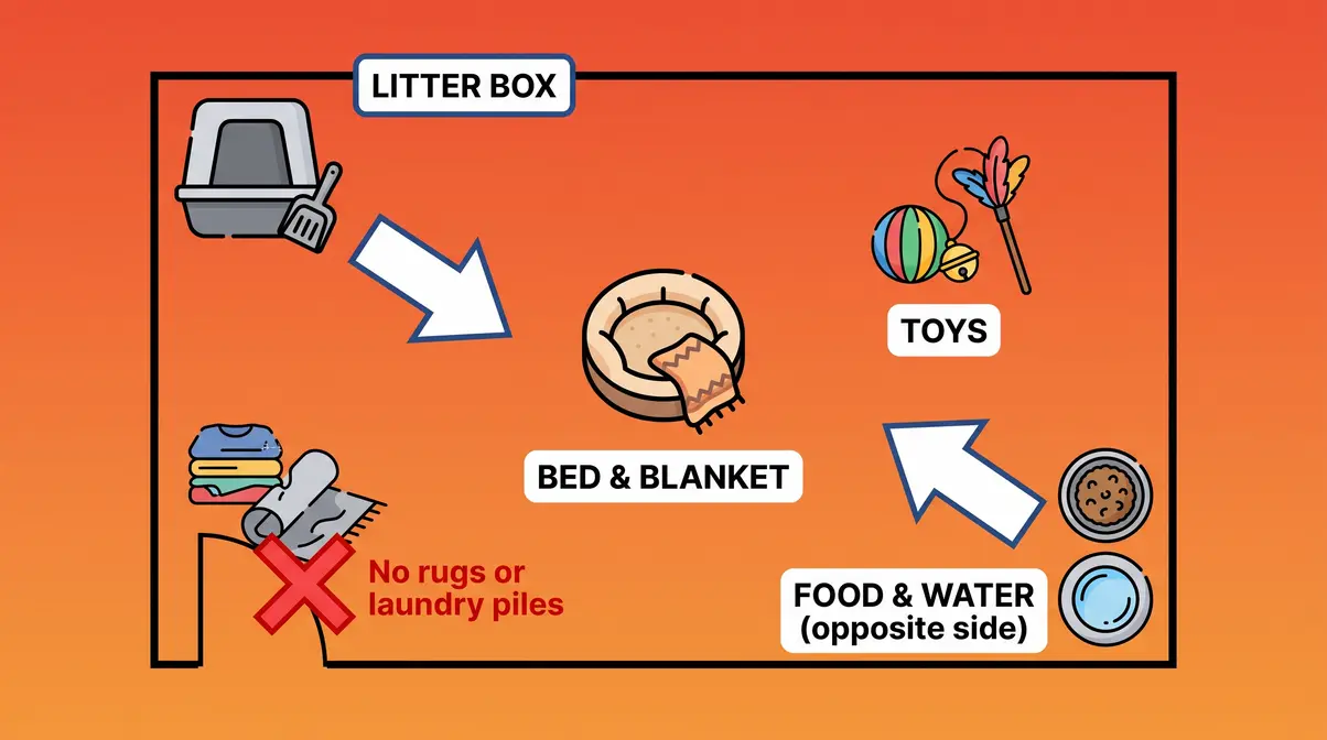 Cat litter box training confinement room layout showing litter box opposite food bowls with bed and toys in center