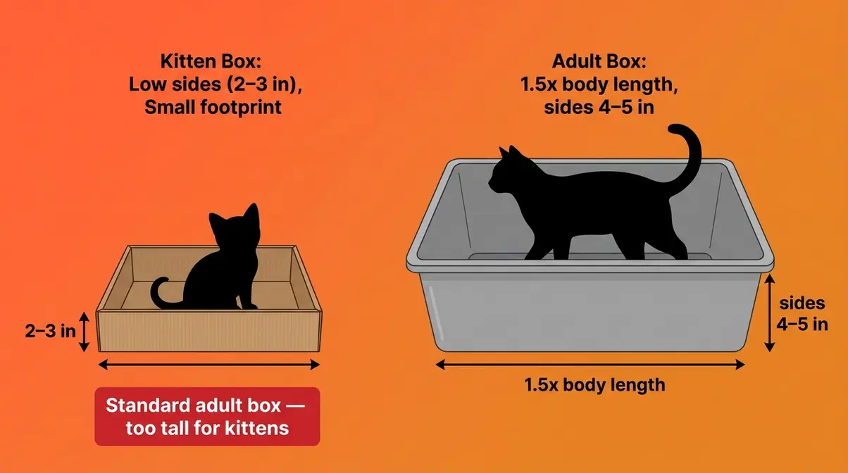 Litter box size comparison chart for kittens showing low shallow box versus adult cat large open top box