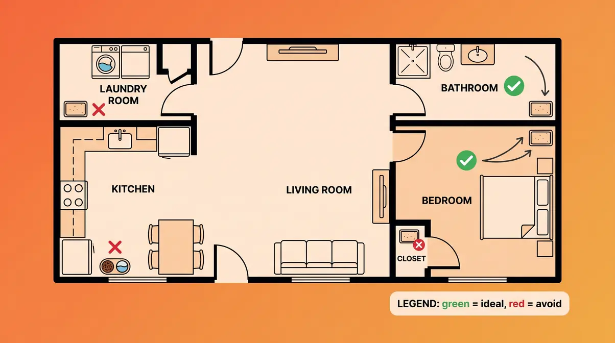 Litter box placement floor plan showing ideal bathroom and bedroom spots versus bad locations near washer and food bowl