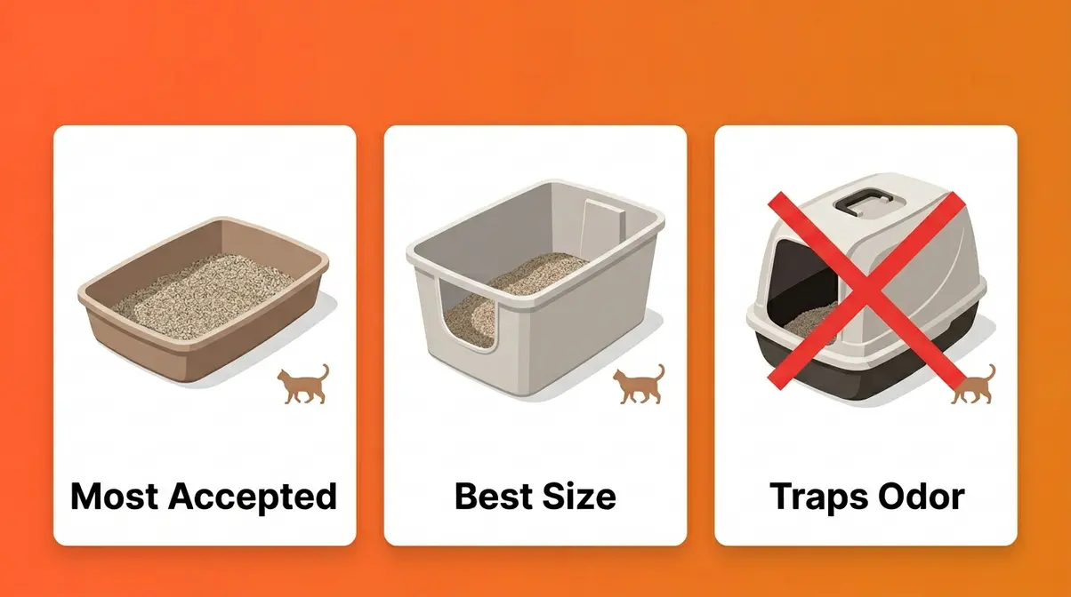 Three litter box types compared showing open top, large storage tub, and covered box options