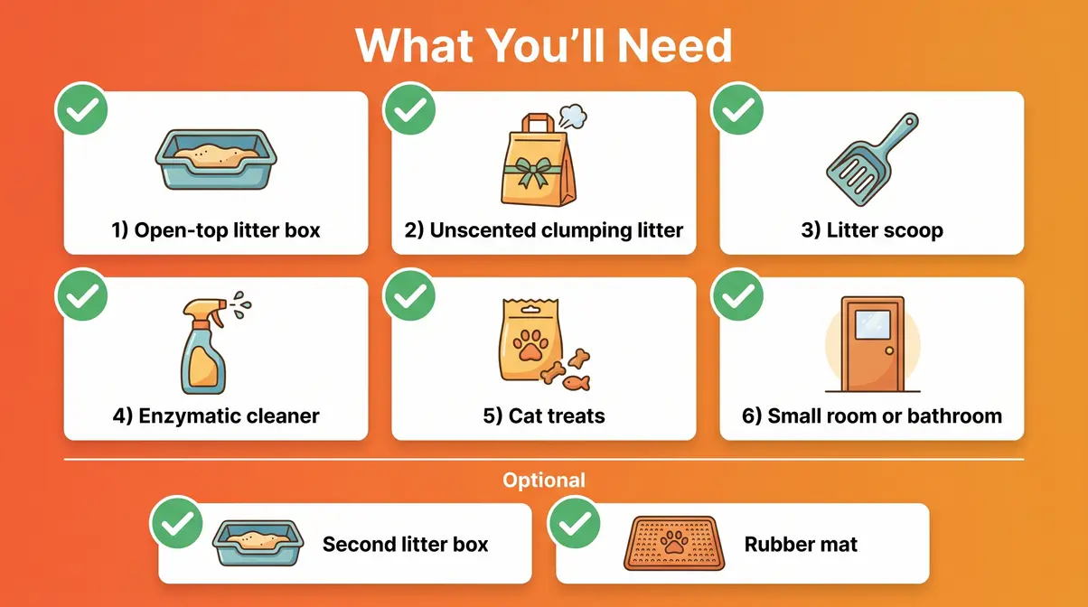 Litter box training supplies checklist showing six essential items for new cat owners
