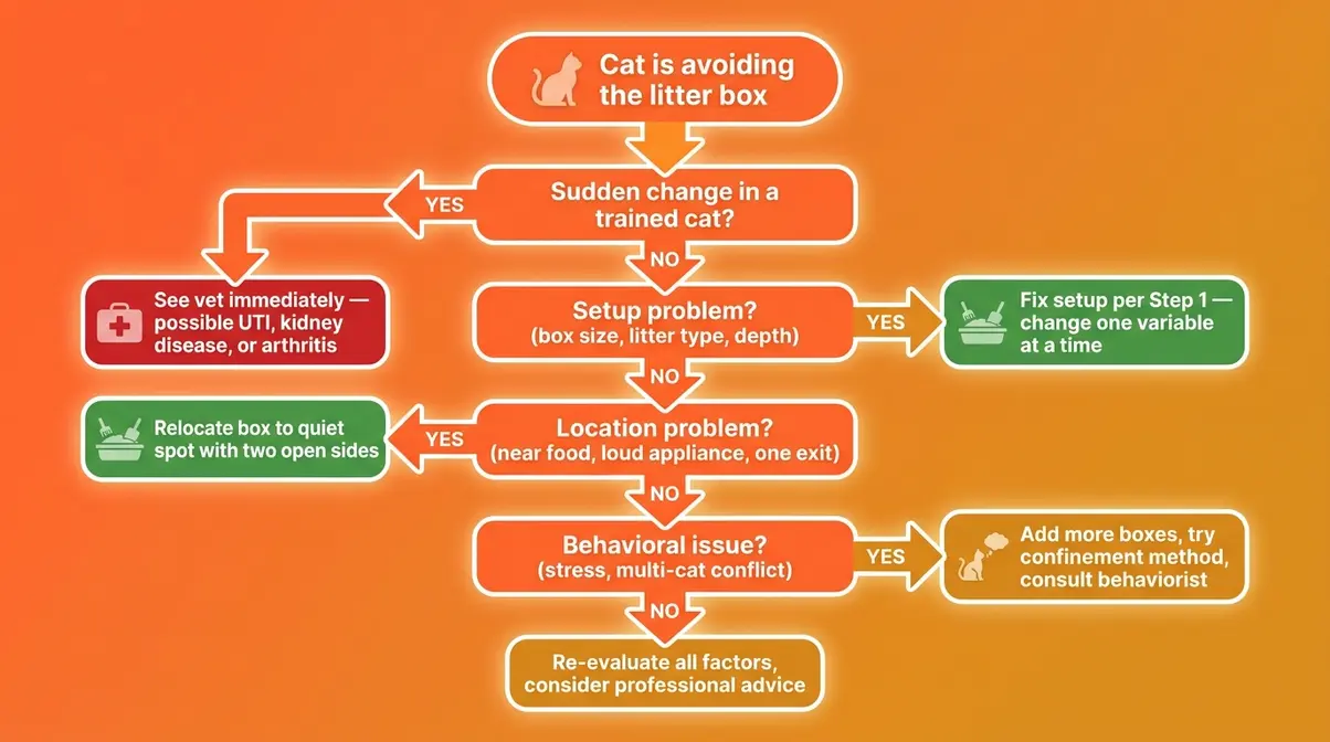 Cat litter box troubleshooting flowchart with four decision branches for medical setup location and behavioral causes
