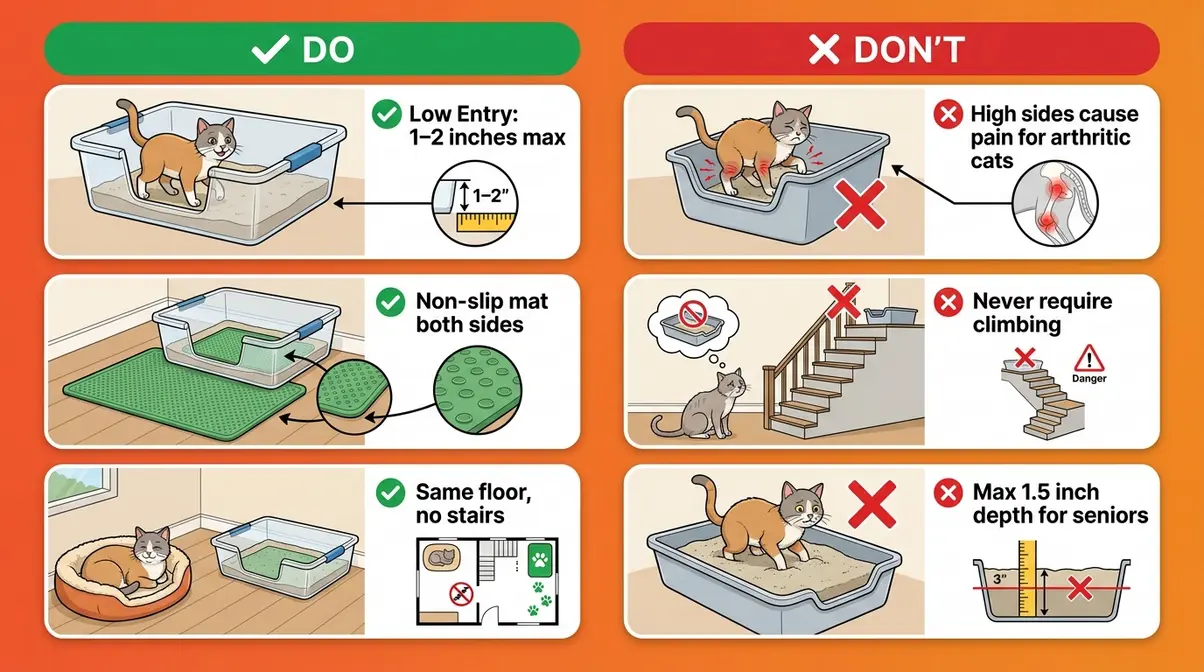 Senior cat litter box setup guide showing low entry box dos and high sided box donts for arthritic cats