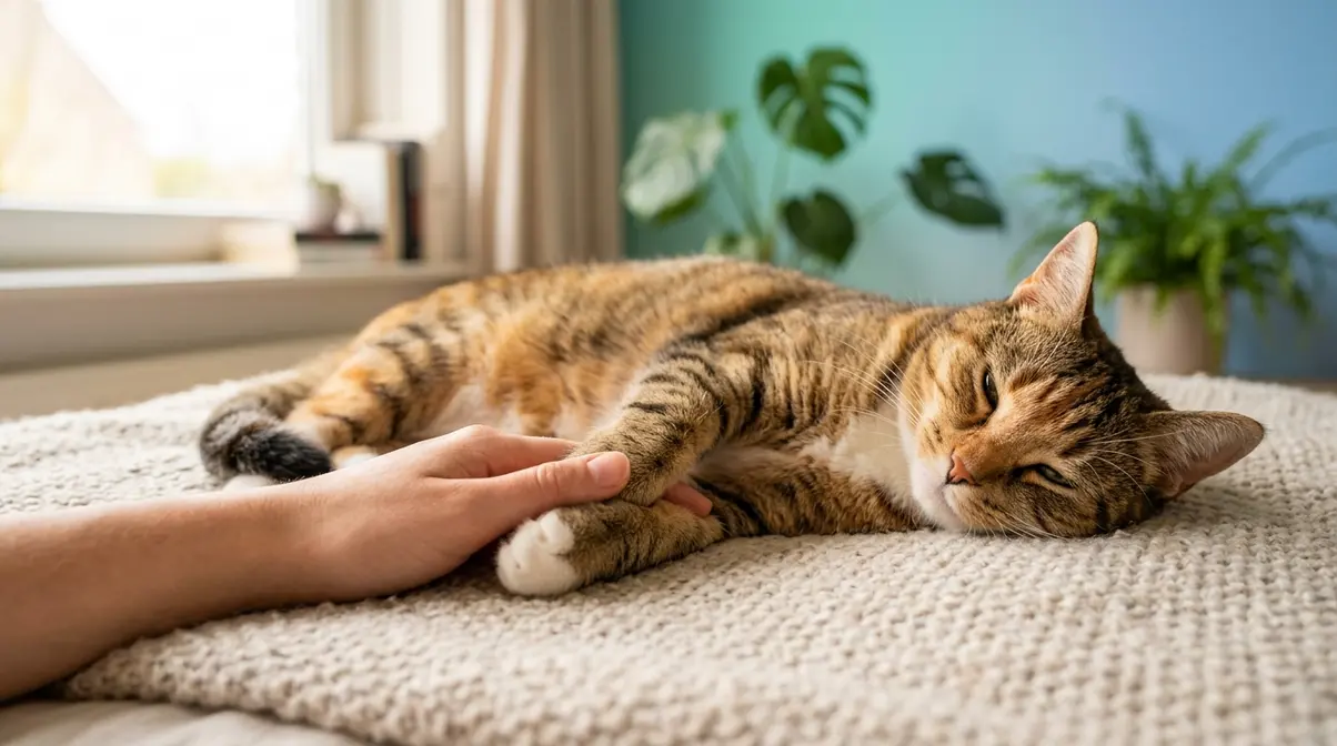 Person gently handling a relaxed cat's paw to prepare it for stress-free claw trimming at home