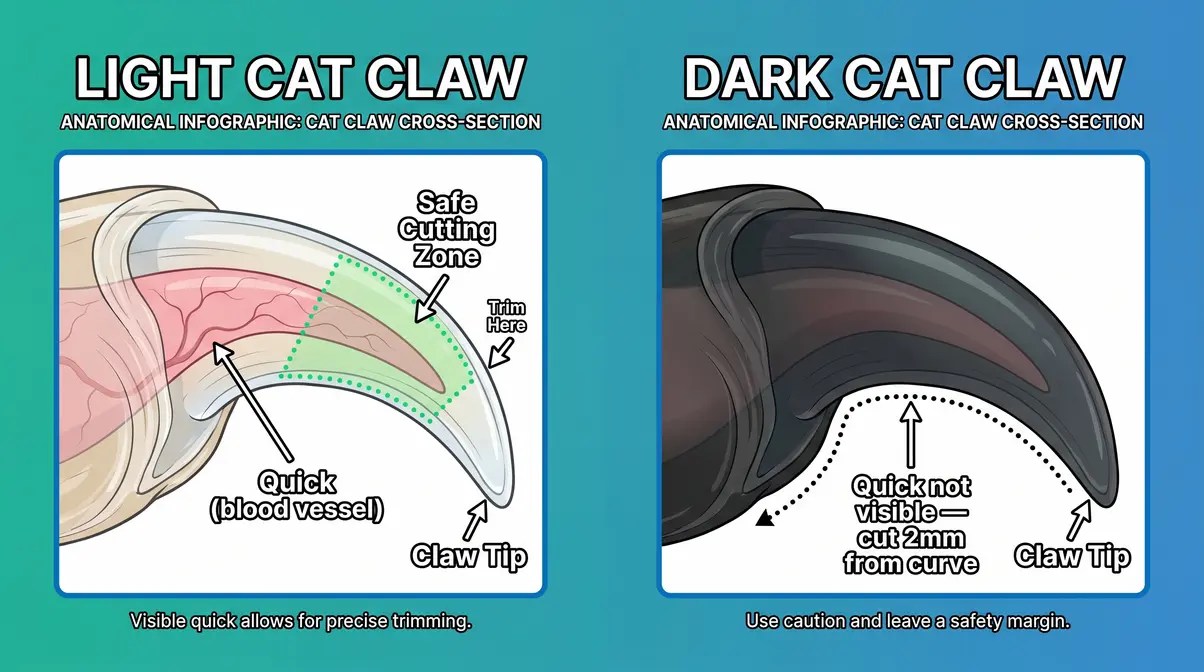 Diagram of cat claw anatomy showing the quick blood vessel, safe cutting zone, and tip for light and dark claws