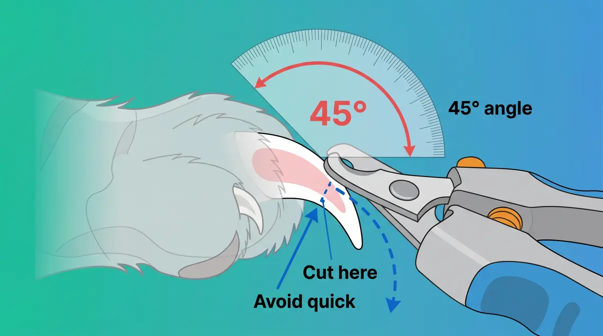 Illustration showing cat nail clippers positioned at 45-degree angle with correct cutting zone marked away from the quick