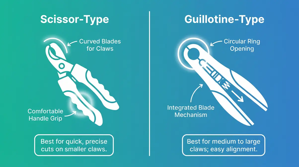 Infographic comparing scissor-type and guillotine-type cat nail clippers with blade shape differences labeled