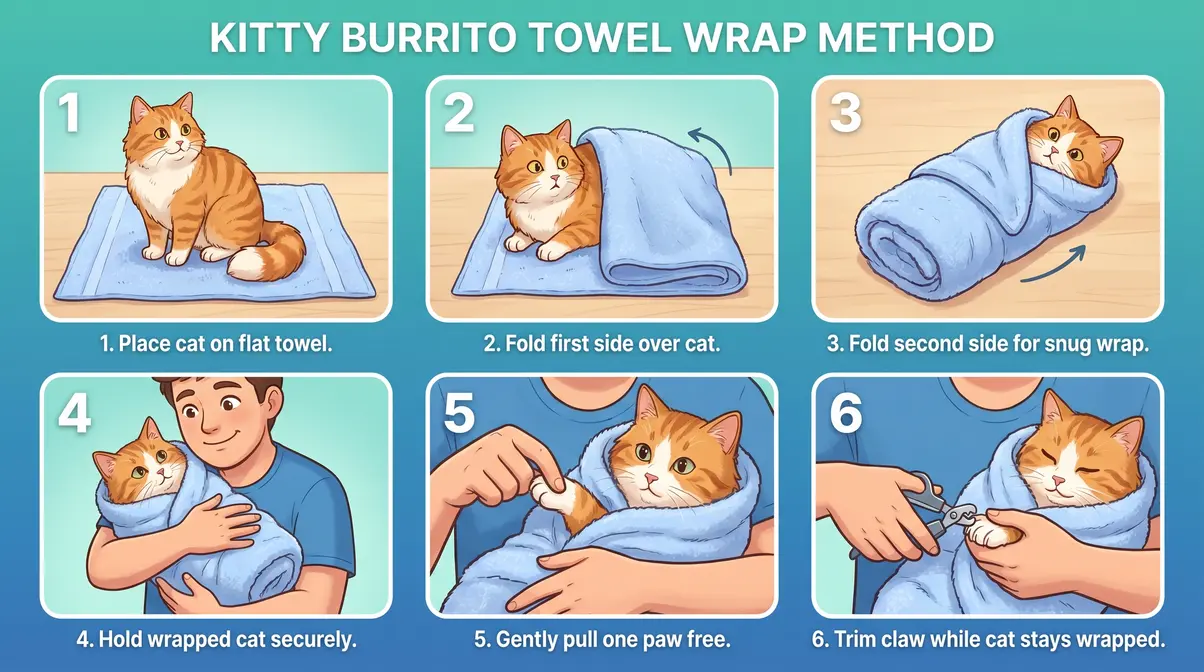 Six-step illustrated guide showing how to wrap a cat in a towel using the kitty burrito method for safe nail trimming