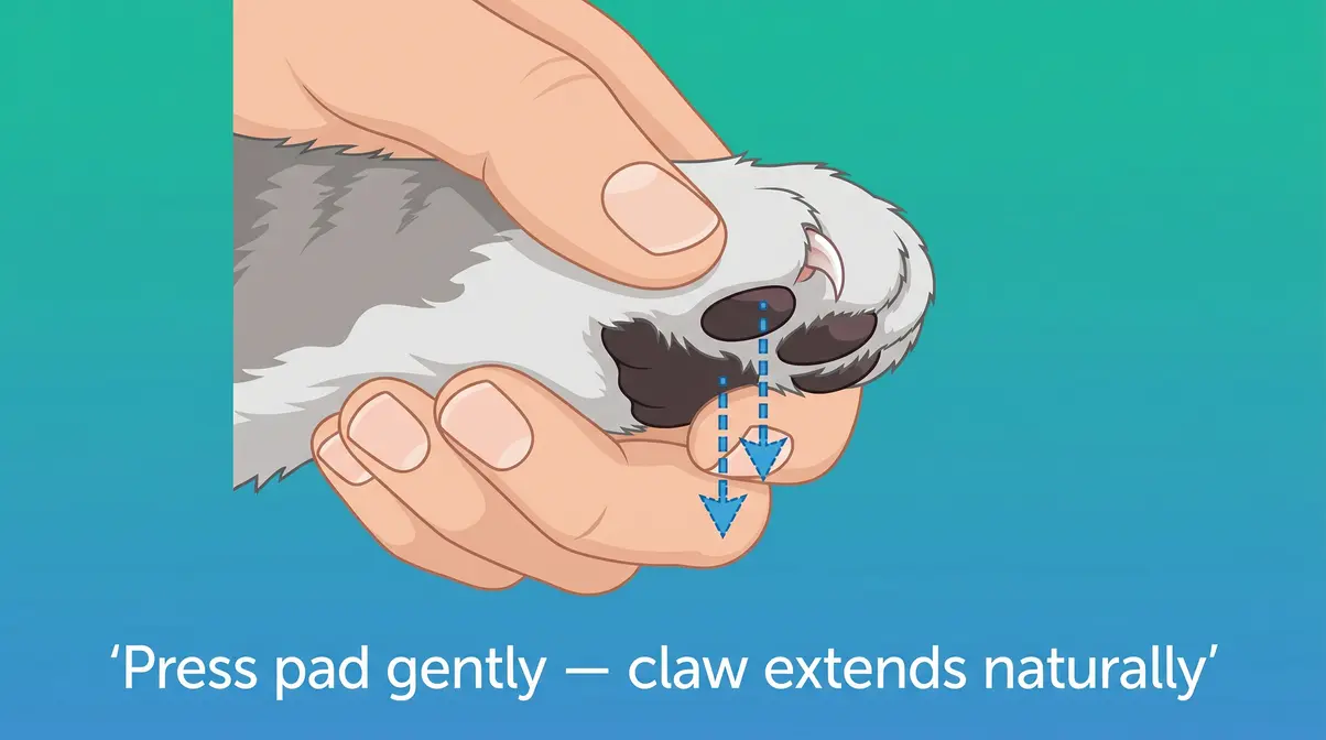 Illustrated demonstration of squeezing a cat paw pad with thumb and finger to extend the claw for trimming