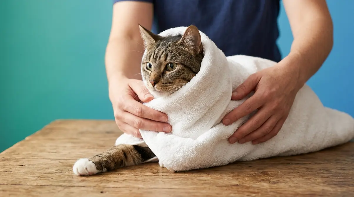 Cat wrapped in towel using kitty burrito method with one paw extended for safe claw trimming