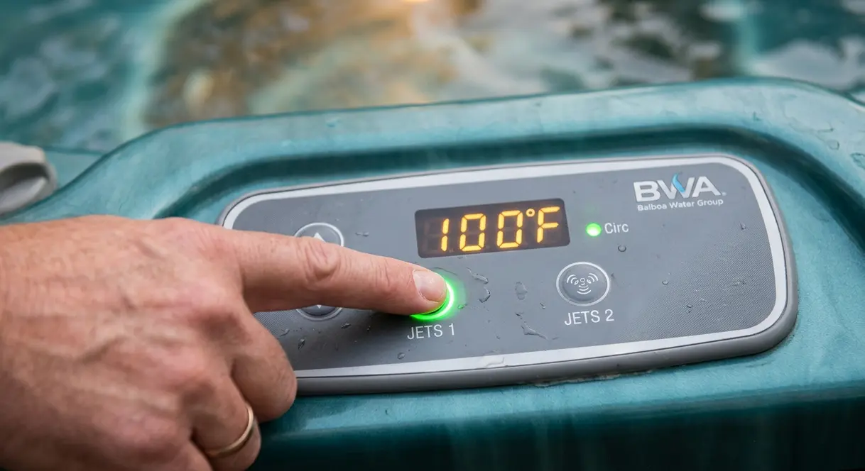 How to Turn Off a Hot Tub: Safe 5-Step Shutdown Guide 13 Balboa hot tub control panel showing Jets 1 and Jets 2 buttons with Circ indicator light on