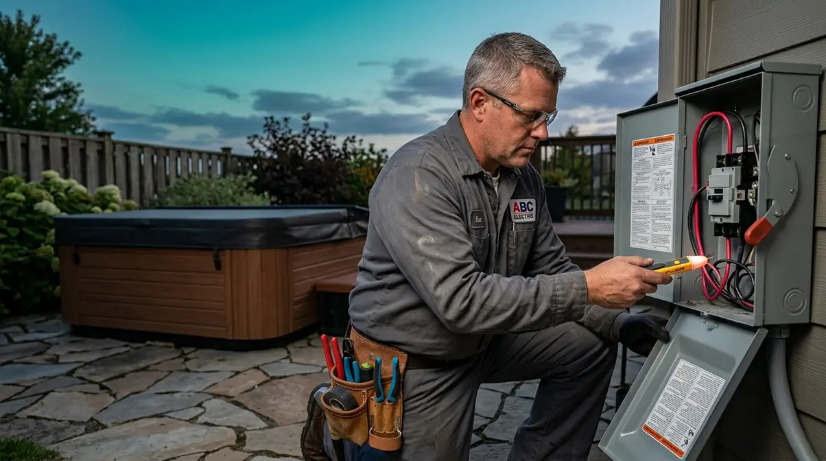 How to Turn Off a Hot Tub: Safe 5-Step Shutdown Guide 16 Licensed electrician inspecting GFCI disconnect box beside a hot tub with voltage tester