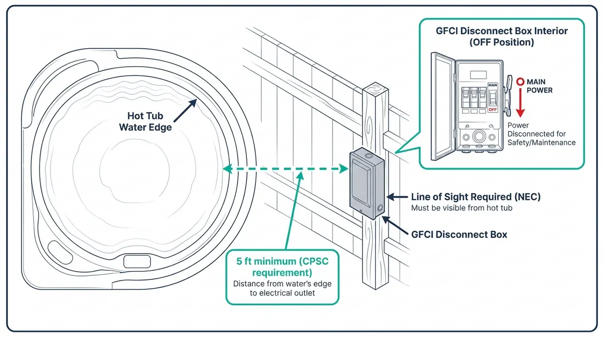 How to Turn Off a Hot Tub: Safe 5-Step Shutdown Guide 9 Annotated diagram showing GFCI disconnect box located 5 feet from hot tub water edge