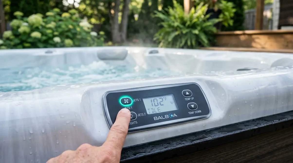 How to Turn Off a Hot Tub: Safe 5-Step Shutdown Guide 10 Hot tub topside control panel with Jets button being pressed to stop water flow