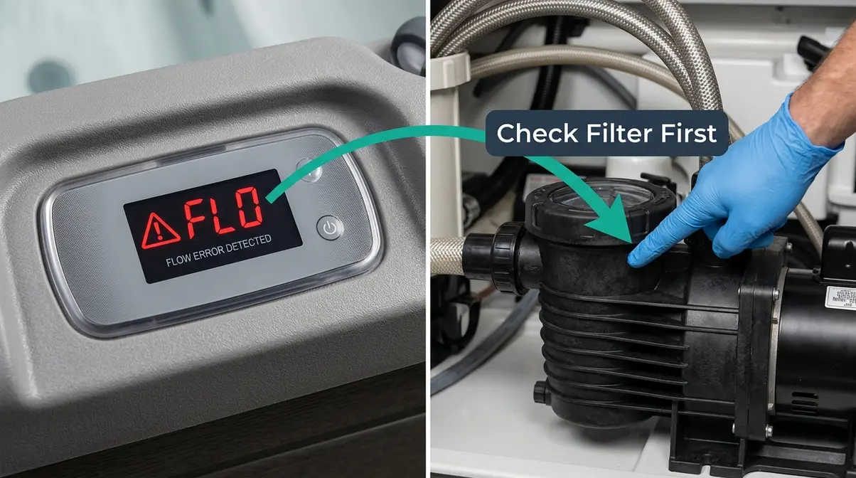 How to Turn Off a Hot Tub: Safe 5-Step Shutdown Guide 15 Hot tub control panel showing FLO error code with pump motor requiring troubleshooting inspection