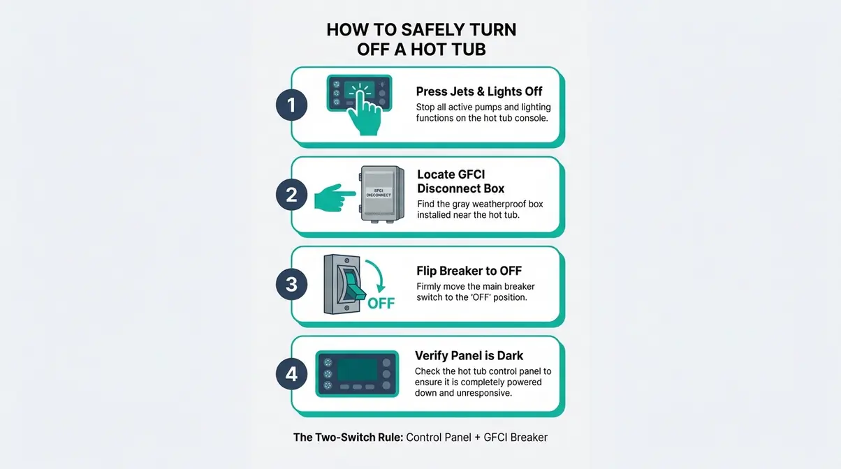 How to Turn Off a Hot Tub: Safe 5-Step Shutdown Guide 11 Step-by-step infographic showing how to turn off a hot tub from control panel to GFCI breaker