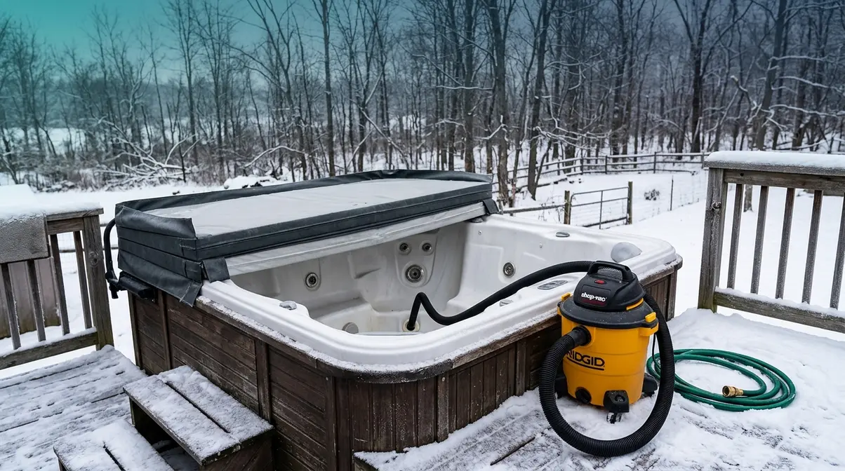 How to Turn Off a Hot Tub: Safe 5-Step Shutdown Guide 14 Hot tub being winterized in snowy backyard with shop vacuum draining plumbing lines