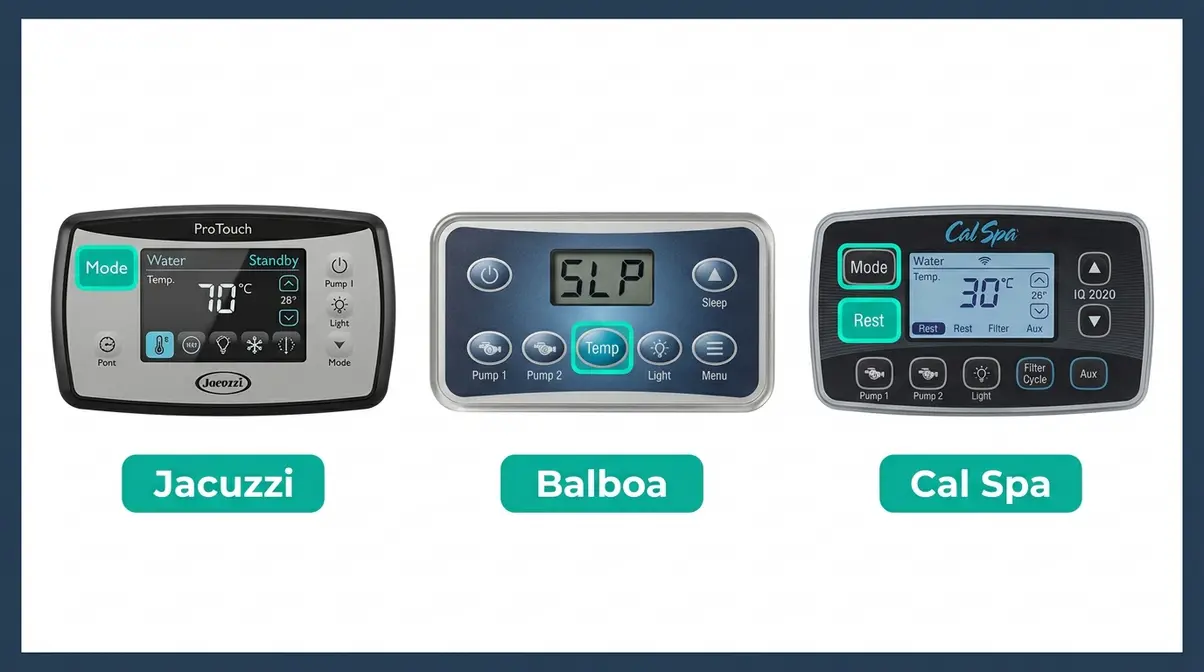 How to Turn Off a Hot Tub: Safe 5-Step Shutdown Guide 12 Jacuzzi, Balboa, and Cal Spa hot tub control panels showing brand-specific shutdown modes