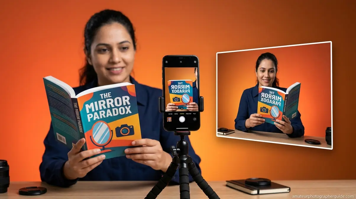 Smartphone camera displaying a mirrored preview compared to saved photo