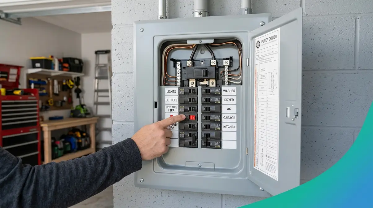 How to Unlock Hot Spring Hot Tub Panel: Full Guide 1 Electrical sub-panel showing tripped GFCI hot tub breaker in middle position requiring reset for spa panel