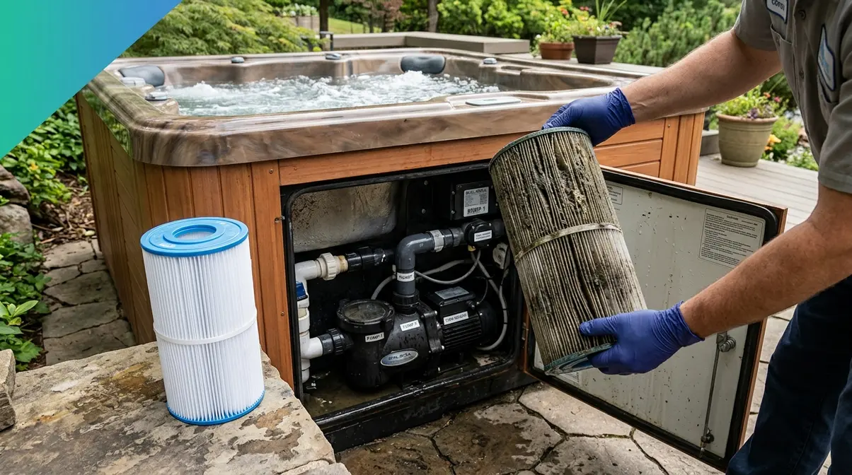 How to Unlock Hot Spring Hot Tub Panel: Full Guide 5 Removing dirty hot tub filter cartridge from Hot Spring spa equipment compartment to clear Protection Mode