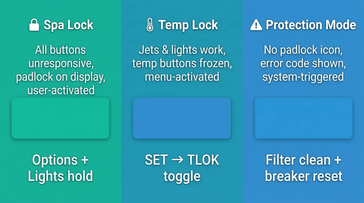 How to Unlock Hot Spring Hot Tub Panel: Full Guide 4 Comparison of Hot Spring spa lock types showing Spa Lock Temperature Lock and Protection Mode differences and fixes