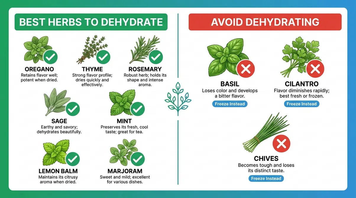 How To Use A Dehydrator For Herbs And Spices (2026) 4 Comparison chart of herbs ideal for dehydrating versus herbs to avoid with freeze alternatives shown
