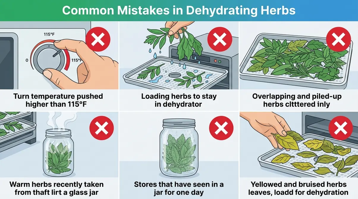 How To Use A Dehydrator For Herbs And Spices (2026) 3 Six common herb dehydrating mistakes illustrated including high temperature and overlapping trays