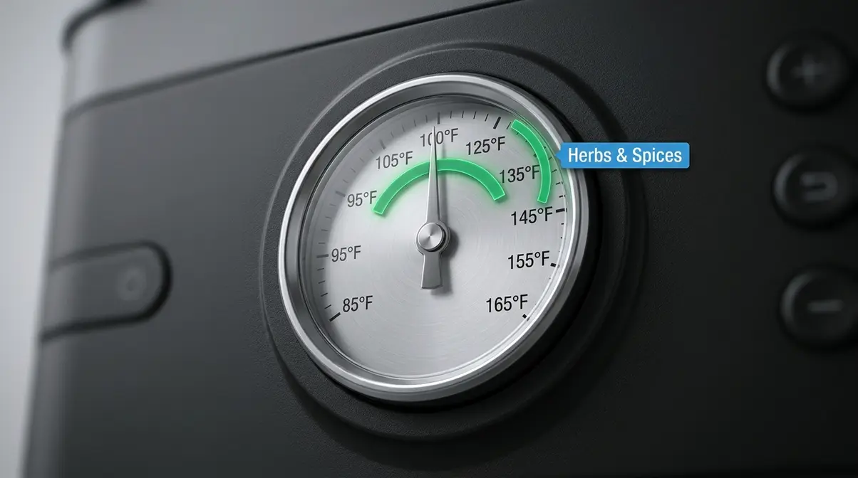 How To Use A Dehydrator For Herbs And Spices (2026) 7 Close-up of food dehydrator temperature dial set to 100°F for drying herbs and spices
