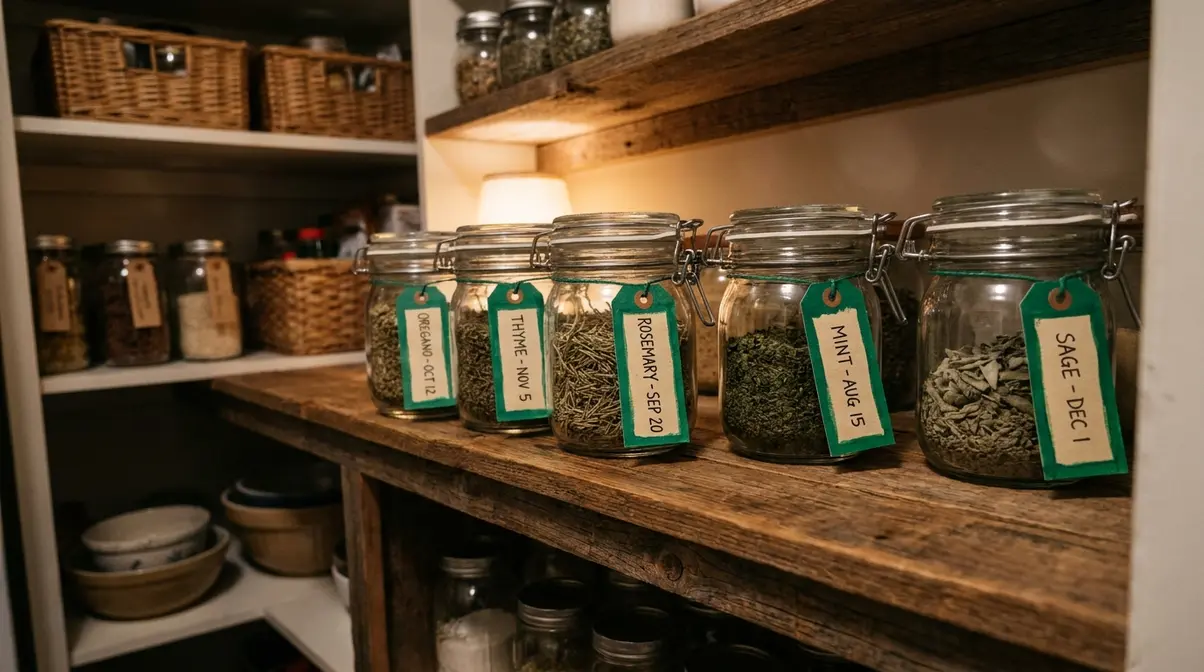 How To Use A Dehydrator For Herbs And Spices (2026) 9 Labeled glass mason jars filled with home-dried herbs stored correctly in a pantry