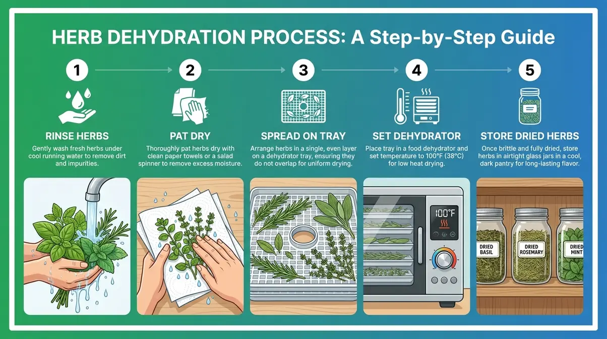 How To Use A Dehydrator For Herbs And Spices (2026) 1 Step-by-step infographic showing how to use a dehydrator for herbs across five stages from washing to storing