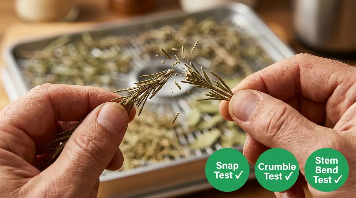 How To Use A Dehydrator For Herbs And Spices (2026) 8 Dried herb stem being snapped between fingers showing the snap test for dehydration doneness