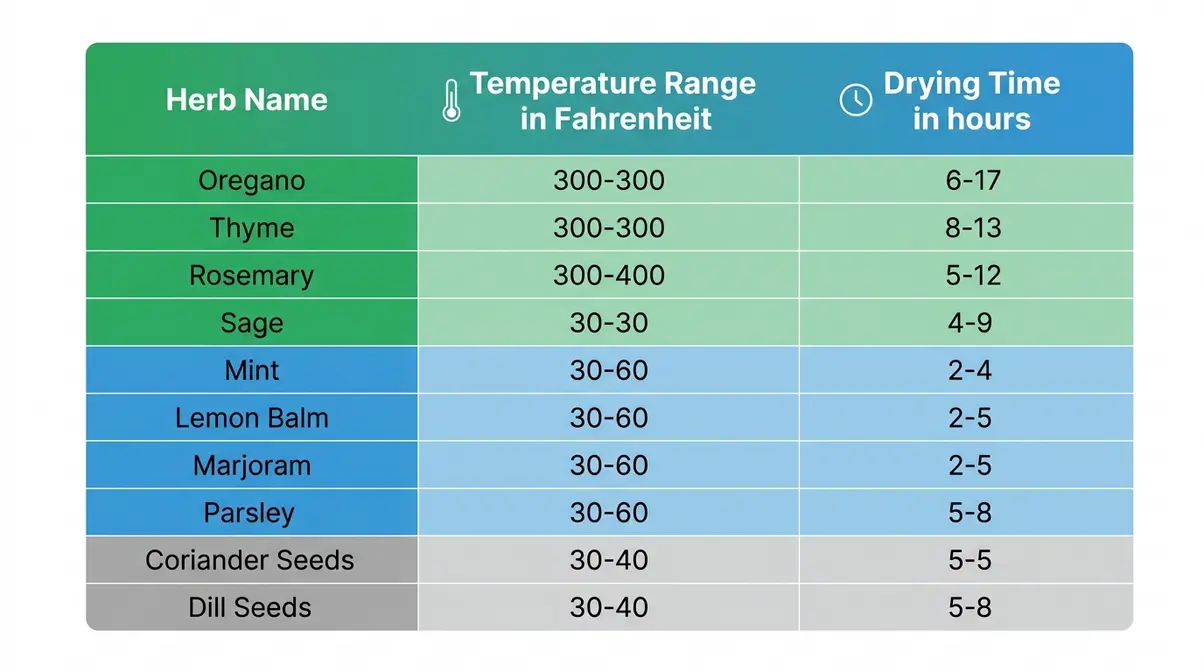 How To Use A Dehydrator For Herbs And Spices (2026) 10 Herb drying temperature and time reference chart showing settings for ten common culinary herbs