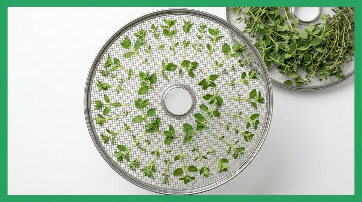 How To Use A Dehydrator For Herbs And Spices (2026) 6 Dehydrator tray with fresh herbs in single layer with no overlapping for even drying