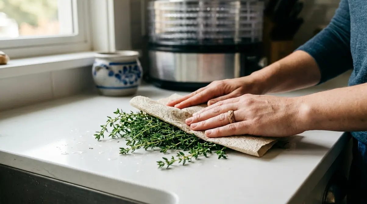 How To Use A Dehydrator For Herbs And Spices (2026) 5 Hands patting fresh herbs dry with paper towel before placing in food dehydrator