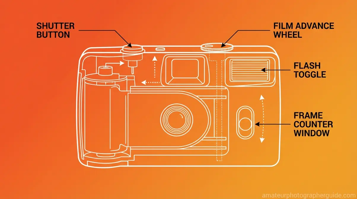 Labeled diagram of a disposable camera showing shutter button, film advance wheel, flash toggle, and frame counter window